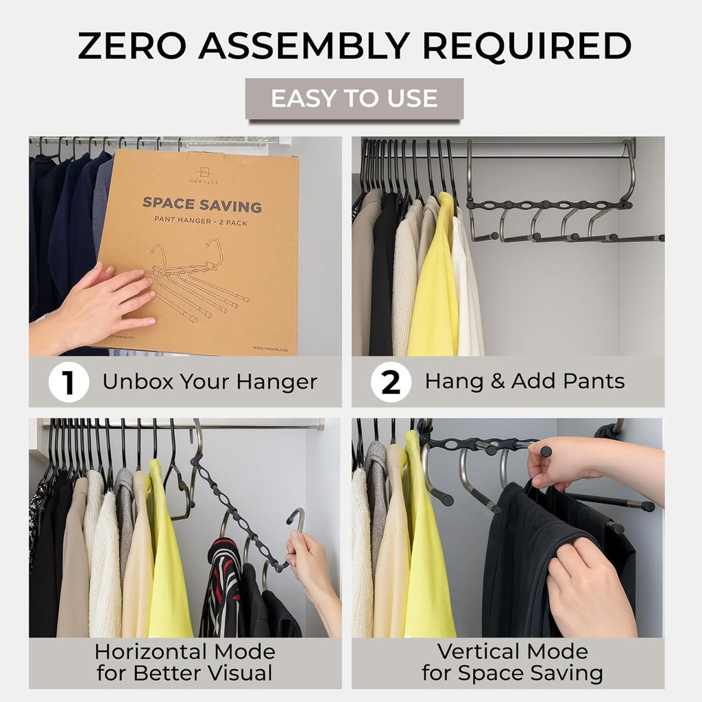 MORALVE Pants Hangers - Space-Saving Non-Slip Multi-Layer Closet Rack - 4 Pack for Jeans, Trousers & Skirts (Black)