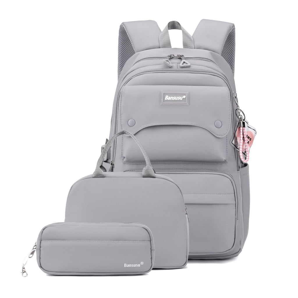 Bansusu 3Pcs Girls Backpack and Lunchbox Set for School Kids, Solid Color School Bag Backpack for Girls with Lunch Bag, Grey