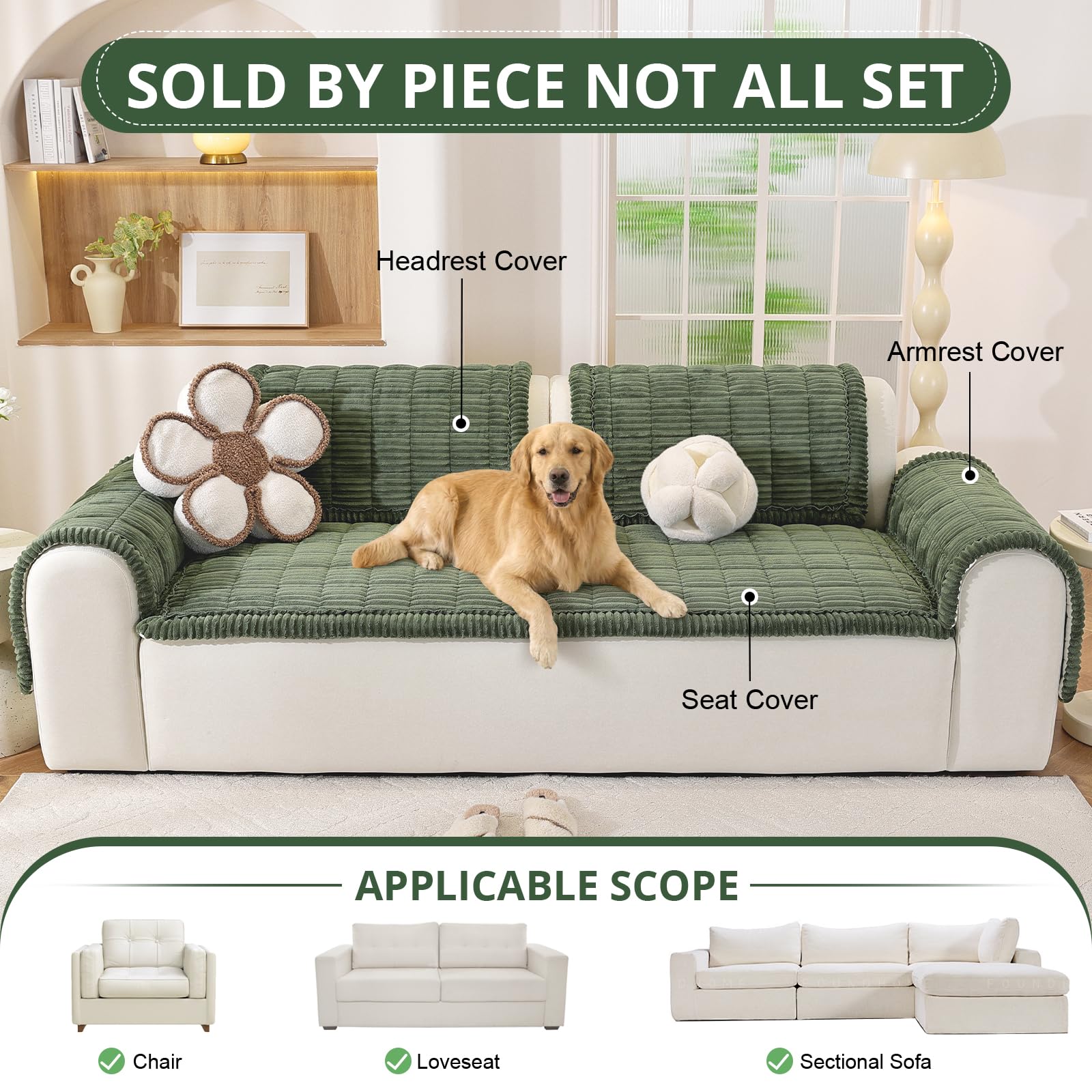 OstepDecor Washable Couch Cover for Dogs, Thick Pet Friendly Sofa Covers, Soft Couch Protector, Paw Cart Sofa Slipcovers, Cushion Protector for Leather, Sectional, Loveseat (27.6" x 59", Green)