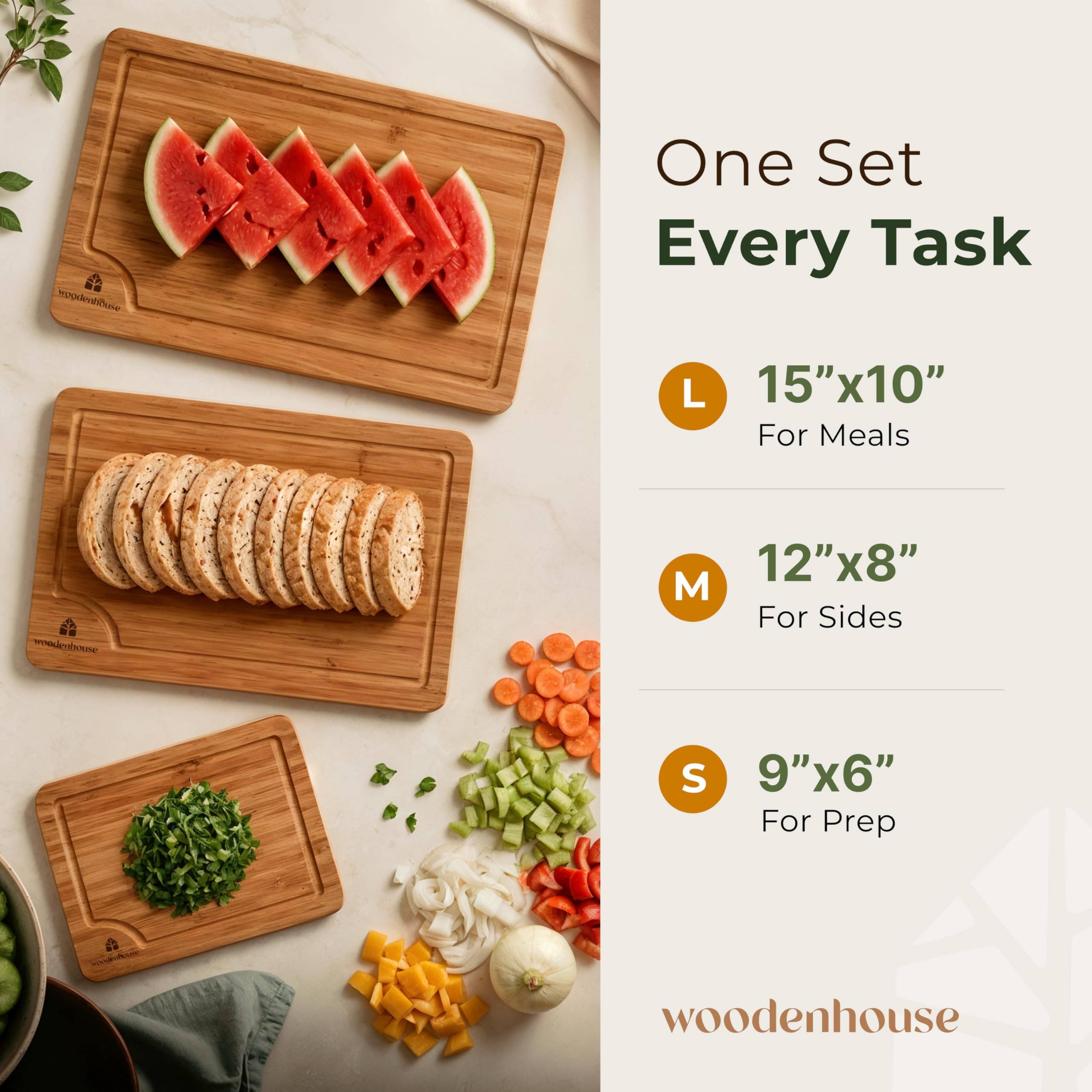 Wooden Cutting Board Set of 3 - Thick & Durable Bamboo Wood Cutting Boards for Kitchen - with Deep Juice Grooves & Built-In Handles - Large Surface, Easy to Clean - for Meat, Vegetables and Fruits