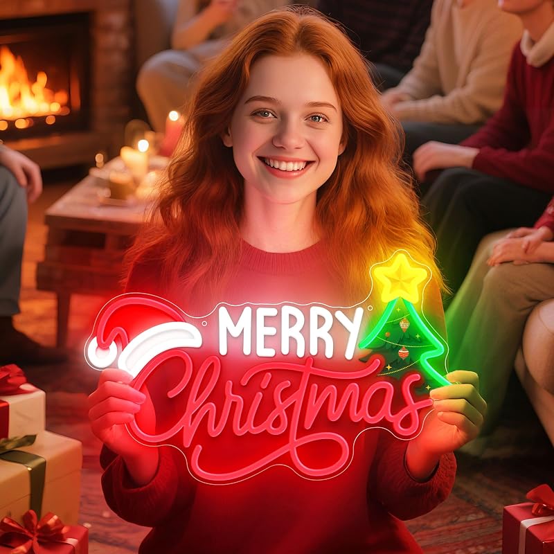 Merry Christmas Neon Sign - Wall Decor with Santa Hat (Xmas Variation)