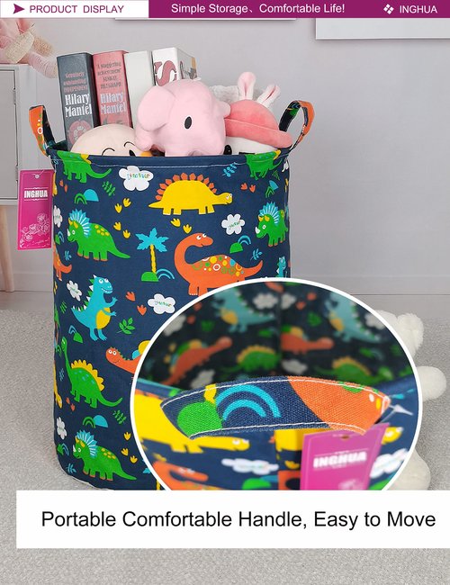 INGHUA Laundry Hamper Large Canvas Fabric Lightweight Storage Basket/Toy Organizer/Dirty Clothes Collapsible Waterproof for College Dorms, Boys and Girls Bedroom,Bathroom (Forest Dinosaurs)