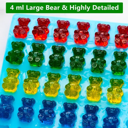 HKUCFTT Large Gummy Bear and Worm Molds Silicone, Food-Grade Non-Stick Candy Molds Fruit Snack Molds BPA-Free with 2 Droppers & 1 Cleaning Brush, Set of 4