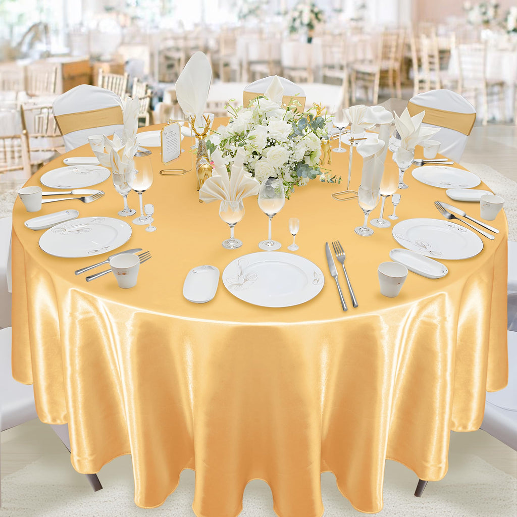KKJIAF 4 Pack 120 Inch Round Tablecloth Satin Gold Round Table Cover, Silky Satin Dining Table Cloth for Wedding, Party, Banquet, Restaurant, Formal Events