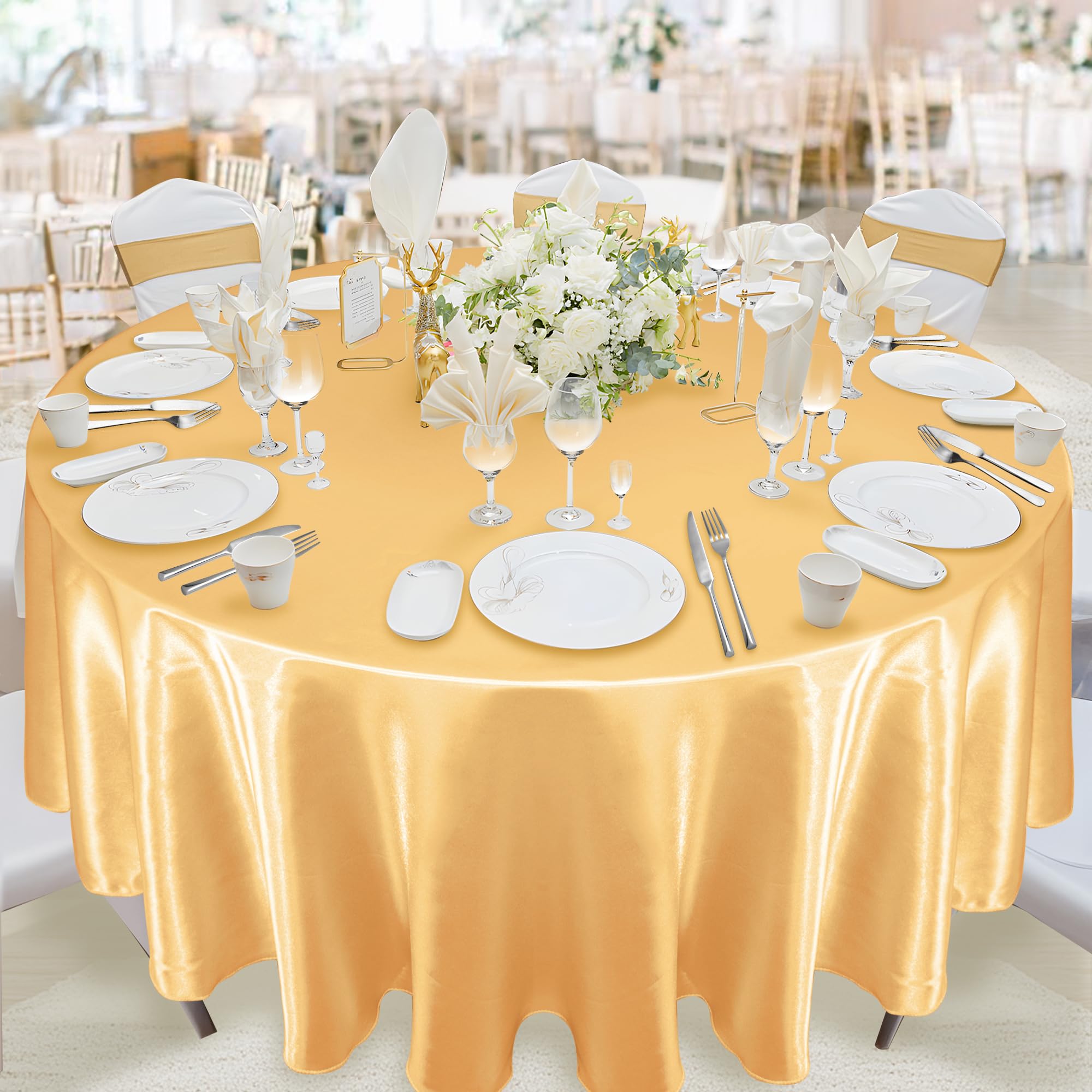 KKJIAF 4 Pack 120 Inch Round Tablecloth Satin Gold Round Table Cover, Silky Satin Dining Table Cloth for Wedding, Party, Banquet, Restaurant, Formal Events
