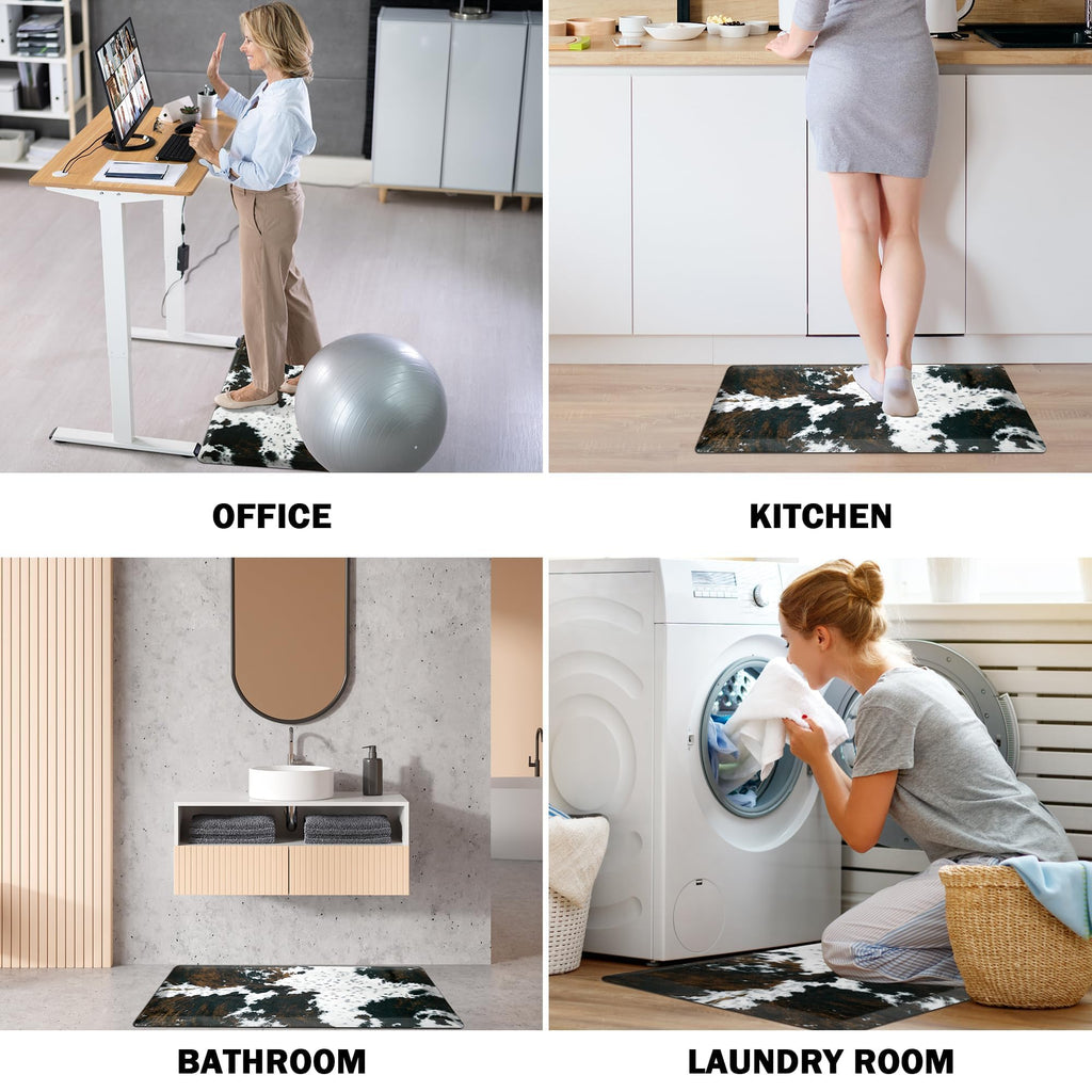 Tyrot Cowhide Kitchen Mat Cushioned Anti Fatigue - 4/5 Inch Thick Western Cow Kitchen Mats for Floor, Non Slip PVC Waterproof Standing Desk Ergonomic Comfort Rugs for Sink, Office, Laundry, 20x39