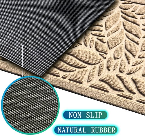 Bulijojo Front Door Mat Entrance,Durable Heavy Duty Welcome Mat,Thick Absorbent Natural Rubber Non Slip Mat,Sturdy Entryway Beige Leaves 17x30