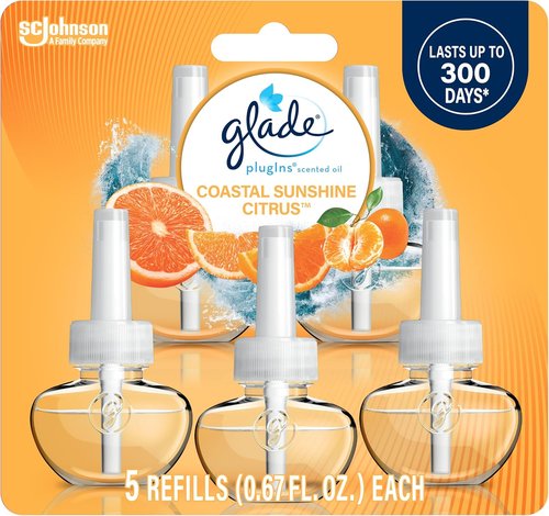 Glade PlugIns Refills Air Freshener - Coastal Sunshine Citrus Scent | Essential Oils, 0.67 Fl Oz, 5 Count