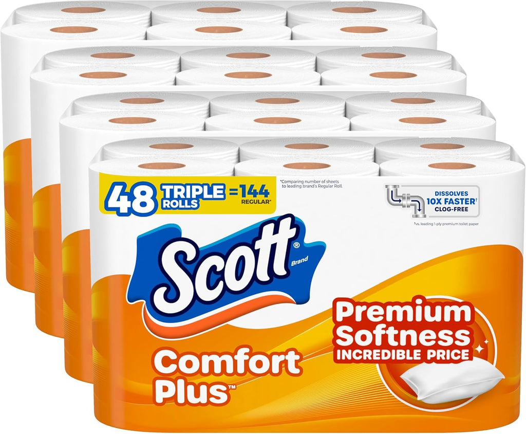 Scott ComfortPlus Toilet Paper - 48 Triple Rolls | 231 Sheets Each | Septic-Safe 1-Ply Tissue
