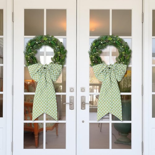HunnmingRe Christmas Wreath Sash - 2 Pcs Green Block Print Bow | 24 x 16 Inch Holiday Decor