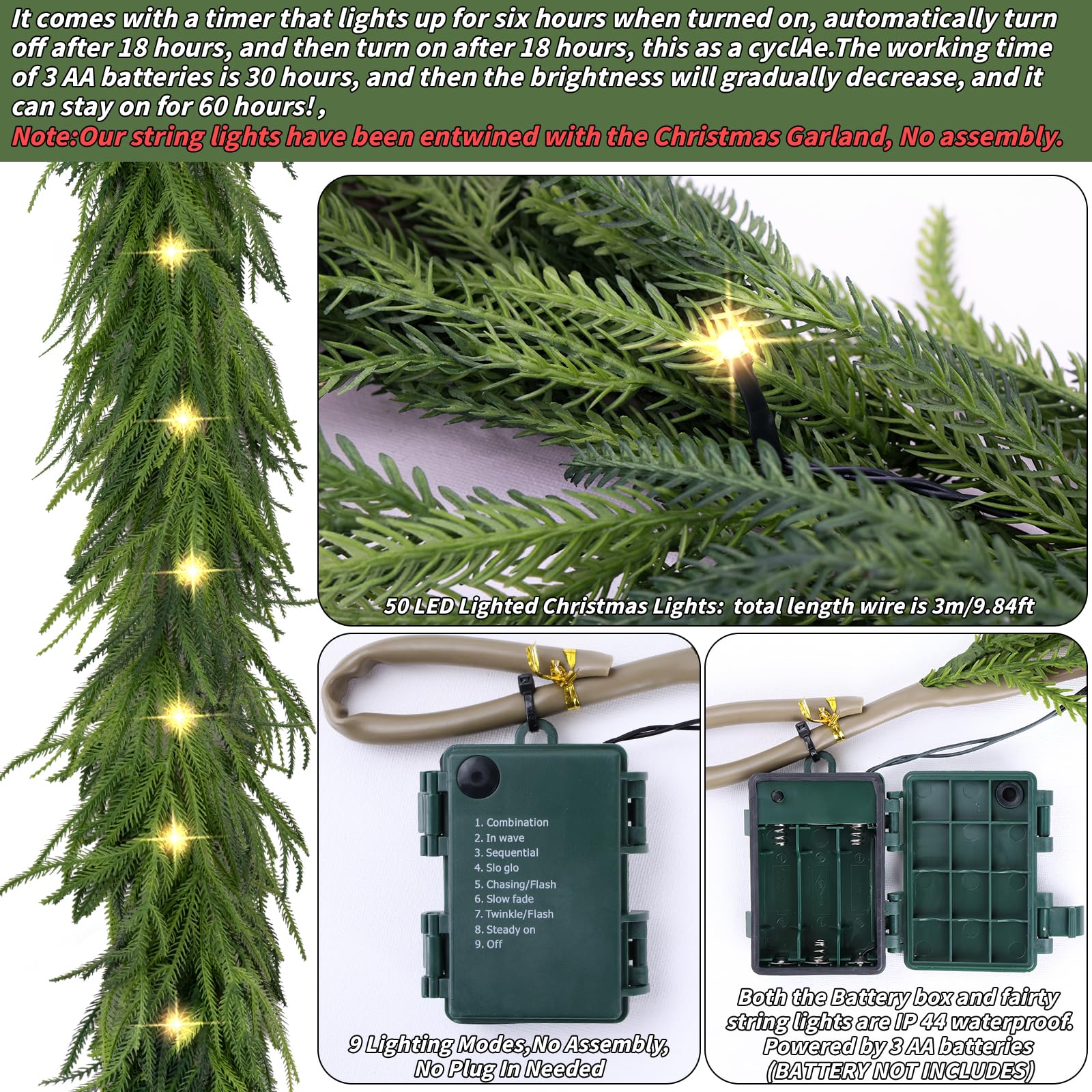 Pre-Lit Christmas Garland Decorations,9 FT Faux Led Norfolk Pine Garland Artificial Realistic, Real Touch Greenery Christmas Pine Garland for Mantle Table Front Door Indoor Outdoor Holiday Decor