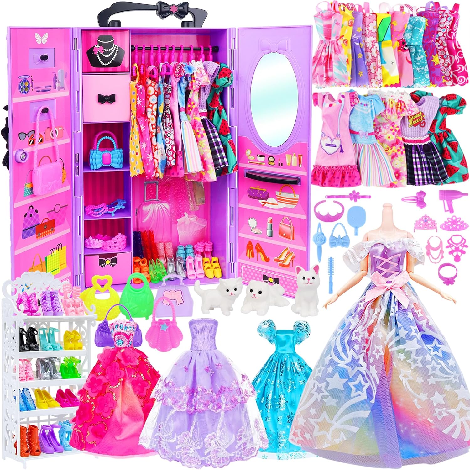 Regine Switzerland Girl Doll Clothes Closet - Stylish Wardrobe with Dresses & Accessories for 11.5 Inch Dolls