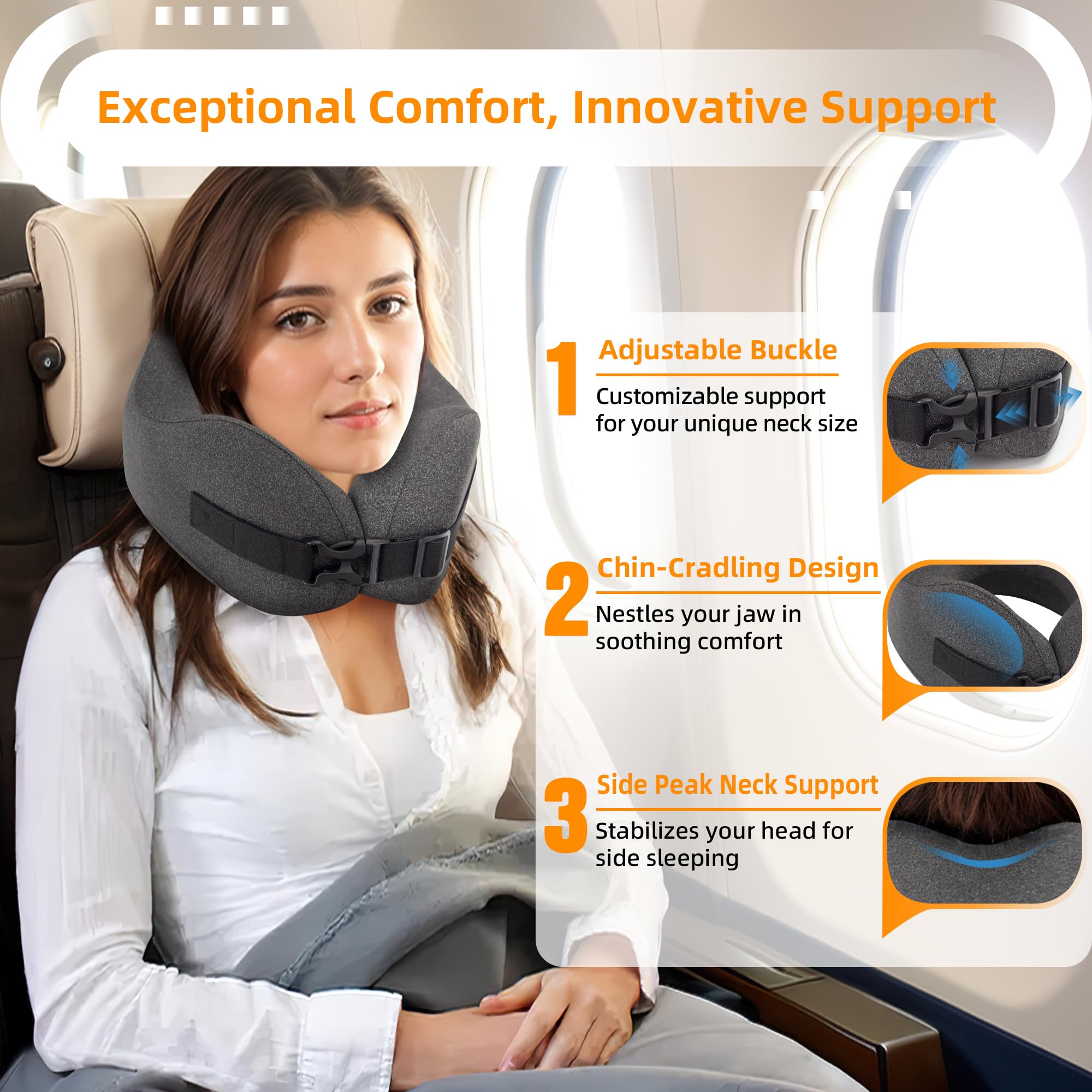 nadachi Neck Pillow Airplane Travel Set - Pure Memory Foam Travel Neck Pillow, Plane Pillow for Long Flights Essentials, Sleeping with 3D Contoured Eye Mask, Earplugs, Portable Bag (Darkgray-M)