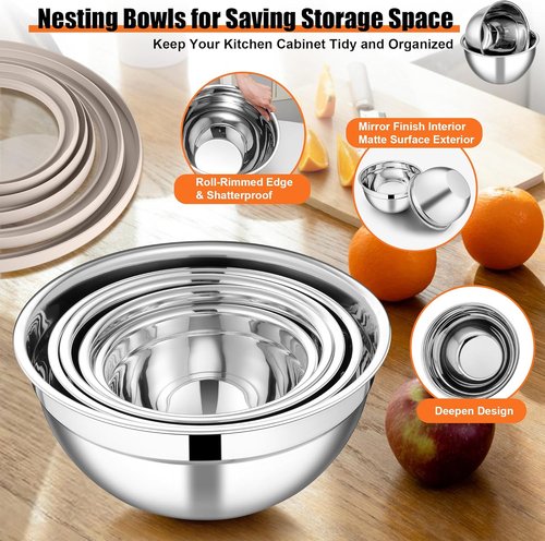 E-far Stainless Steel Mixing Bowls Set of 5 - Transparent Lids & 3 Graters for Kitchen Prep | Khaki