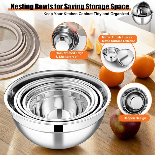 E-far Mixing Bowls Set of 5, Stainless Steel Salad Mixing Bowl with Transparent Lid, Metal Nesting Bowl Attach with 3 Graters for Kitchen Prepping/Serving/Baking/Storage, 4.6/2.6/1.5/1/0.7 QT - Khaki