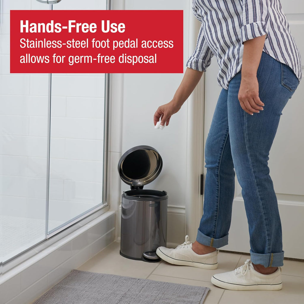 Rubbermaid Stainless Steel Round Step-On Trash Can - 1.6-Gallon Charcoal Wastebasket with Lid for Home & Office