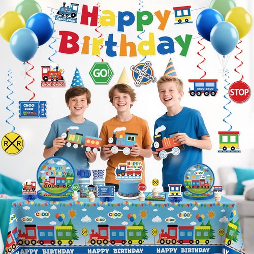 201 Pcs Train Birthday Decorations Train Plates and Napkins Birthday Party Supplies Banner Hanging Swirls Honeycomb Centerpieces Train Table Toppers Train Themed Party Decorations for Birthday