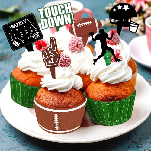 48 Pcs Football Cupcake Toppers and Wrappers Set, Football Theme Birthday Party Decorations Supplies