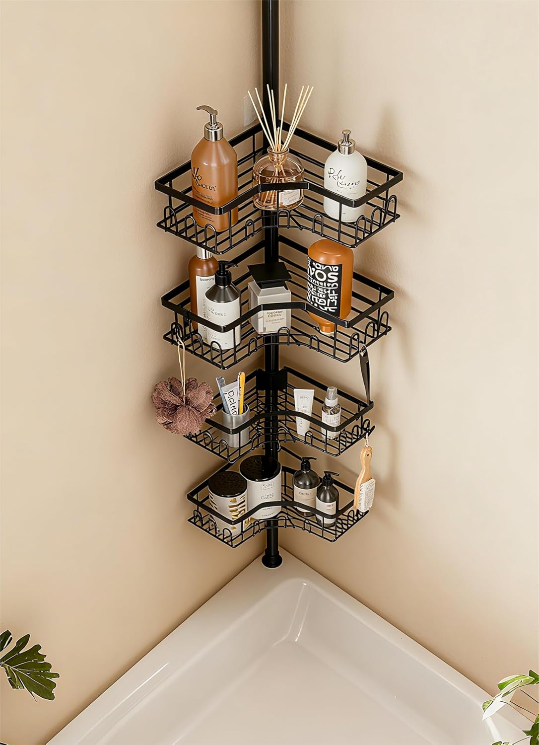 Corner Shower Caddy - 4-Tier Adjustable Tension Pole Organizer for Bathroom | Space-Saving Black Shelves (34in-120in)