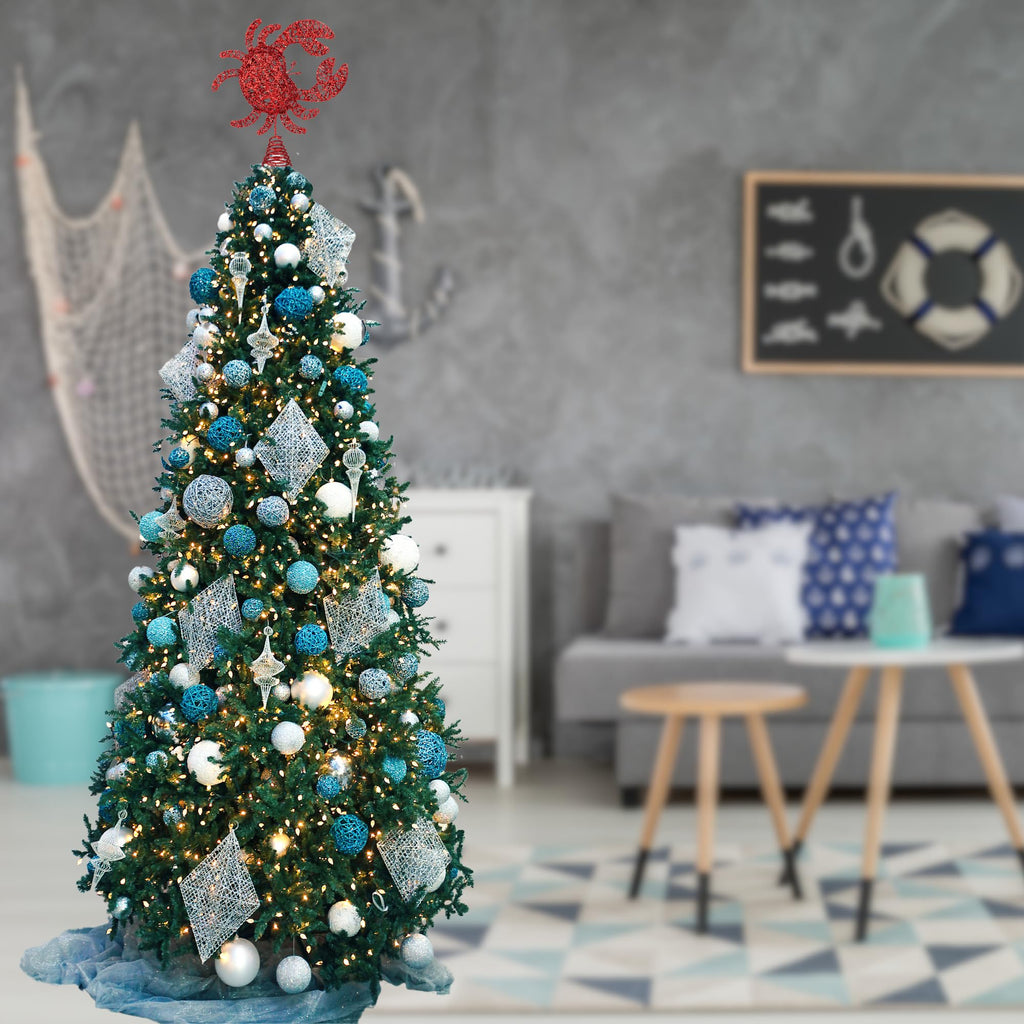 Needzo Nautical Christmas Tree Topper, Hollow Glittered Red Crab, Coastal Holiday Home Decor, 11 x 2.5 x 10 Inches