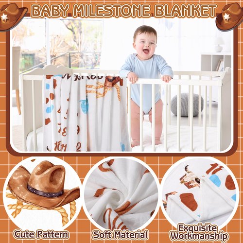 Guiqulai Cowboy Baby Boy Milestone Blanket Western Theme Cow Print Baby Growth Chart Blanket for Boy Newborn My First Rodeo Birthday Party Supplies