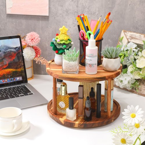 Reallnaive 6 Pcs 11" Acacia Wood Lazy Susan Organizer Set, 2 Tier and 1 Tier Turntable Tray for Cabinet Kitchen Countertop Pantry Table Organization Coffee Bar