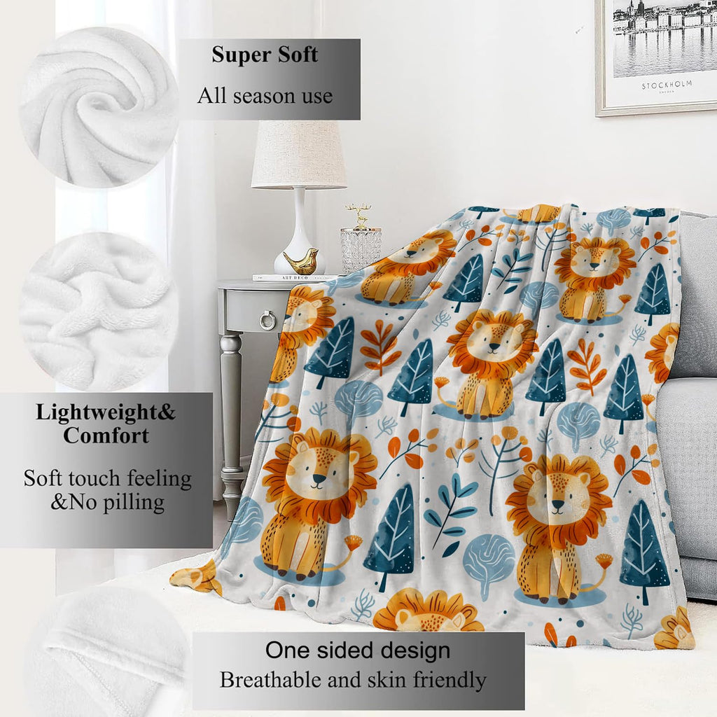VODRM Cute Lion and Forest Blanket,Fun Cartoon Jungle Theme Throw Blankets,Birthday Gifts for Kids & Animal Lovers,Lightweight Soft Fleece,for Picnic Sofa Couch Bed Room Travel,Modern Decor,50x60in