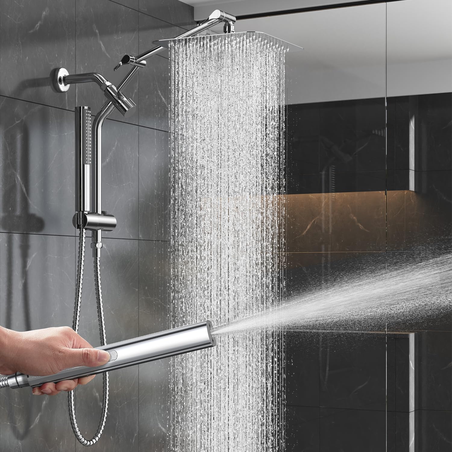 Veken 10" Luxurious Rain Shower Head - High Pressure Dual Showerhead with Handheld & Extension Arm | Chrome Finish
