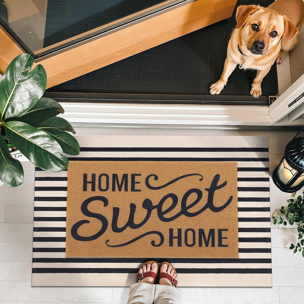 OLANLY Striped Rug - Washable Beige and Black Cotton Doormat | 2'4" x 3'7" for Indoor/Outdoor Use