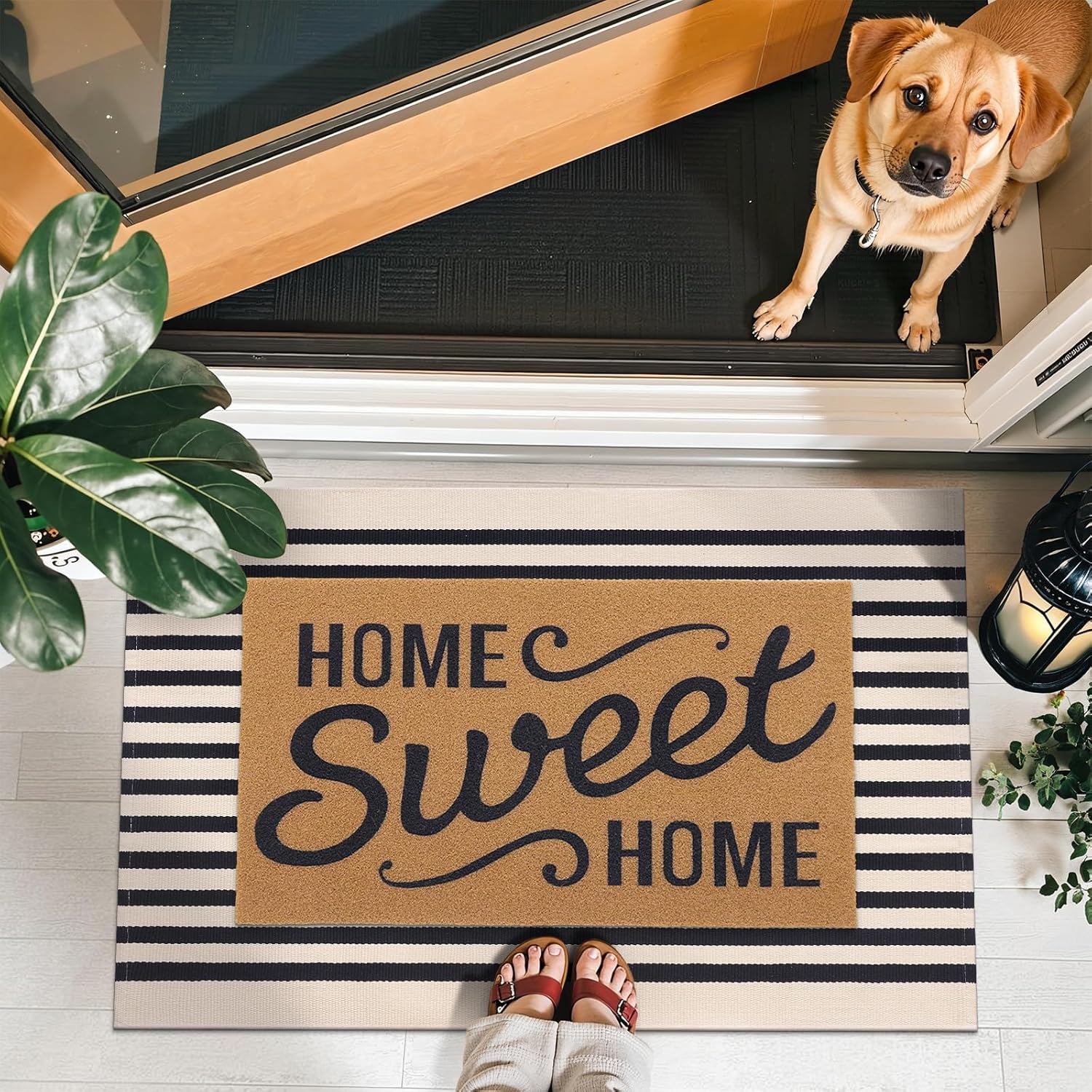 OLANLY Striped Rug - Washable Beige and Black Cotton Doormat | 2'4" x 3'7" for Indoor/Outdoor Use