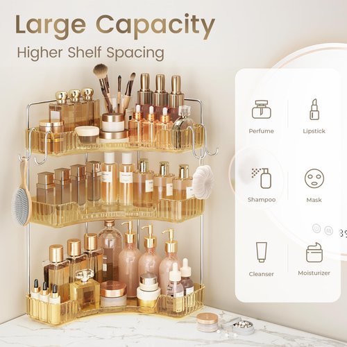 Kinkota Golden 3-Tier Corner Bathroom Organizer, Countertop Storage Shelf with Hooks | Makeup & Skincare Organizer for Bathroom Sink and Vanity Counter