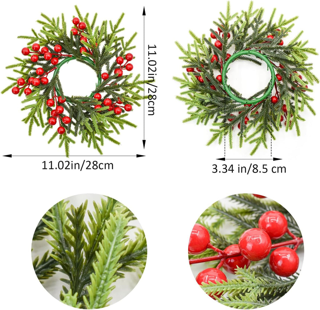 Skiennix Christmas Candle Rings - Festive Red Berries & Pine Needle Wreaths | 4PCS Holiday Decor