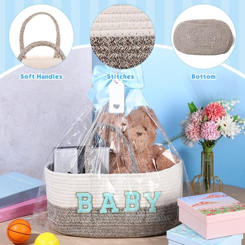 Beeveer Personalized Baby Basket Custom Diaper Caddy Organizer with Bow Portable Cotton Rope Basket Storage for Nursery Baby Shower Christmas Gifts(Blue)