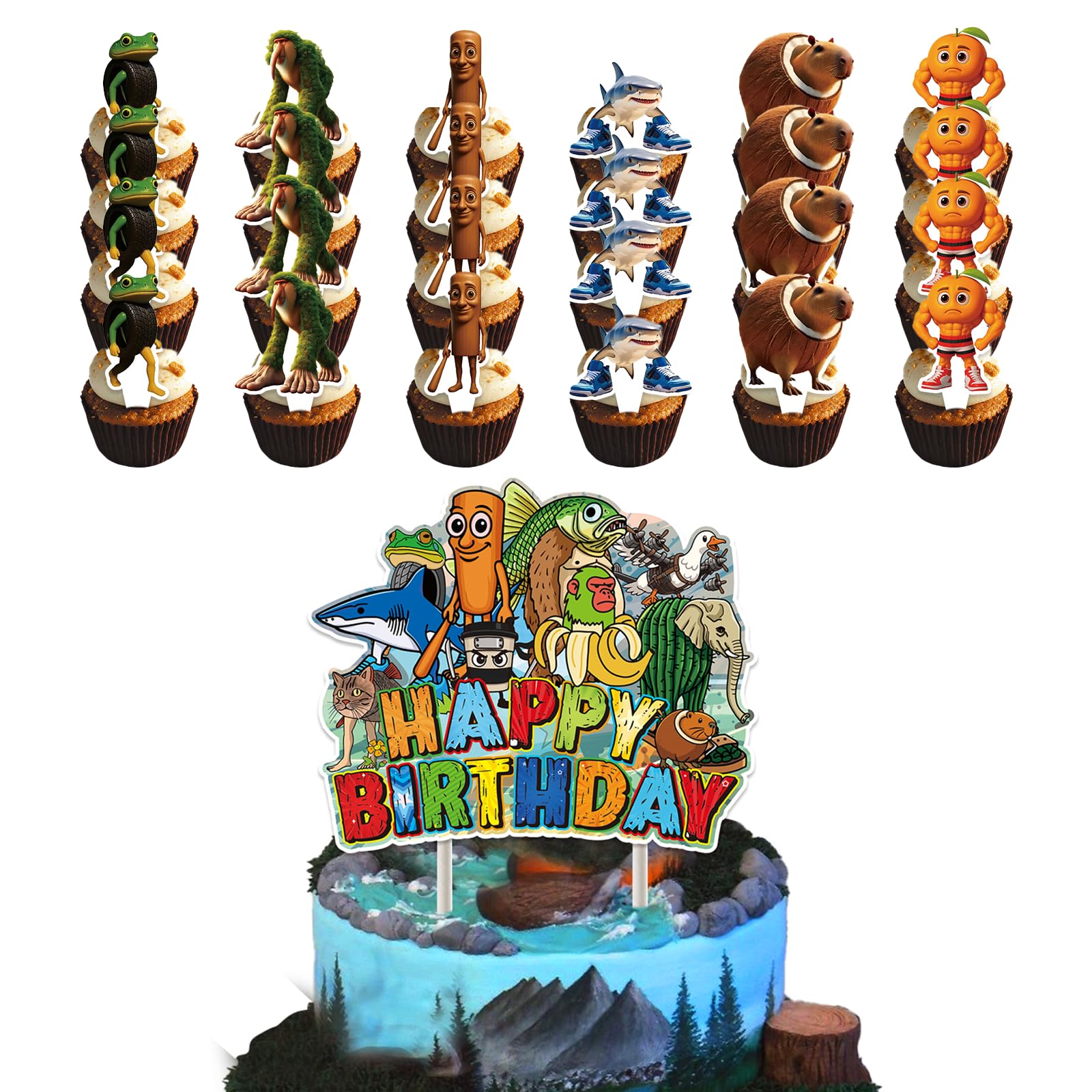 25PCS Italian Brainrot Cupcake Toppers,Tralalero Tralala Shark Cake Toppers Set Happy Birthday Decorations,Brain Rot Party Decor Animal Theme for Kids