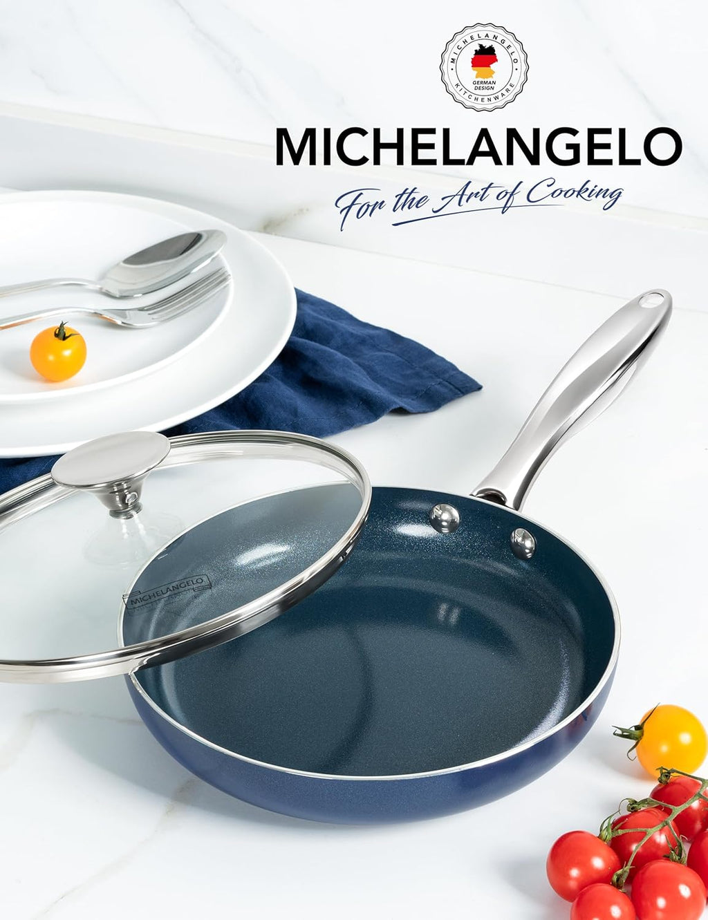 MICHELANGELO 8-Inch Nonstick Frying Pan - Non-Toxic Omelette Pan with Lid & Stainless Handle | Blue-Ceramic