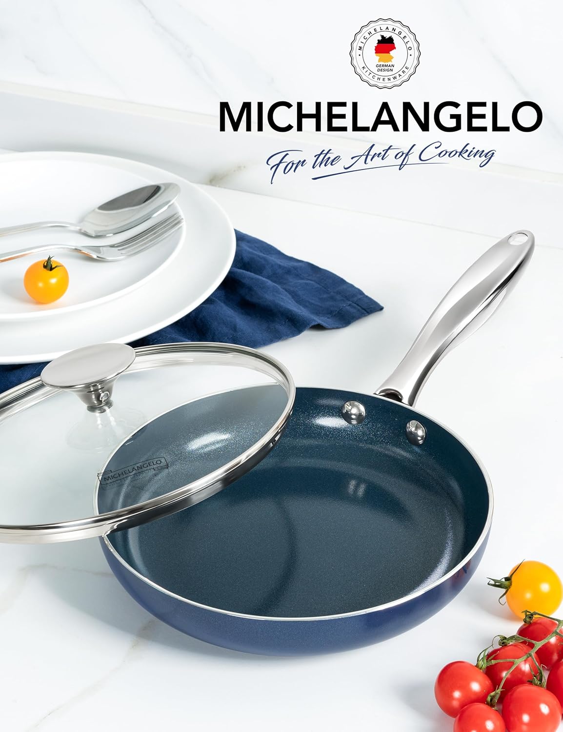 MICHELANGELO 8-Inch Nonstick Frying Pan - Non-Toxic Omelette Pan with Lid & Stainless Handle | Blue-Ceramic
