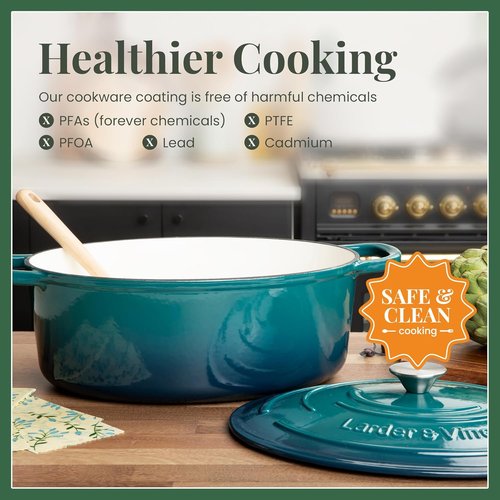 Larder & Vine Enameled Cast Iron Dutch Oven - 8 Qt Pot with Lid | Ideal for Bread Baking | Oven Safe to 500°F | Bondi Color