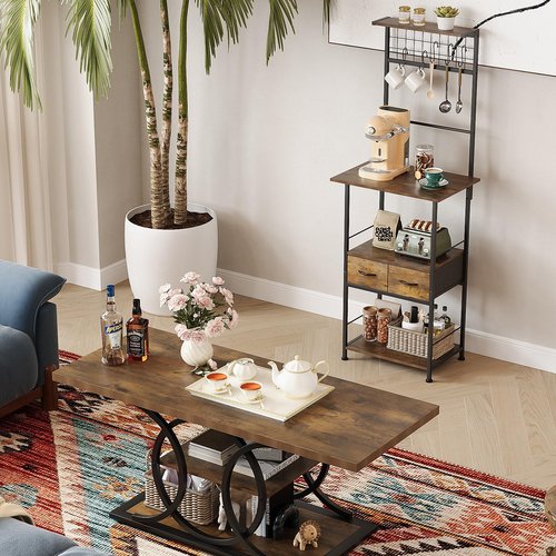 GiftGo Small Coffee Bar Station Narrow Corner Baker Rack Stand with 2 Storage Fabric Drawers 5 S Hooks for Small Spaces Farmhouse Bakers Rack for Kitchen, Entryway, Living Room (Brown, Narrow)