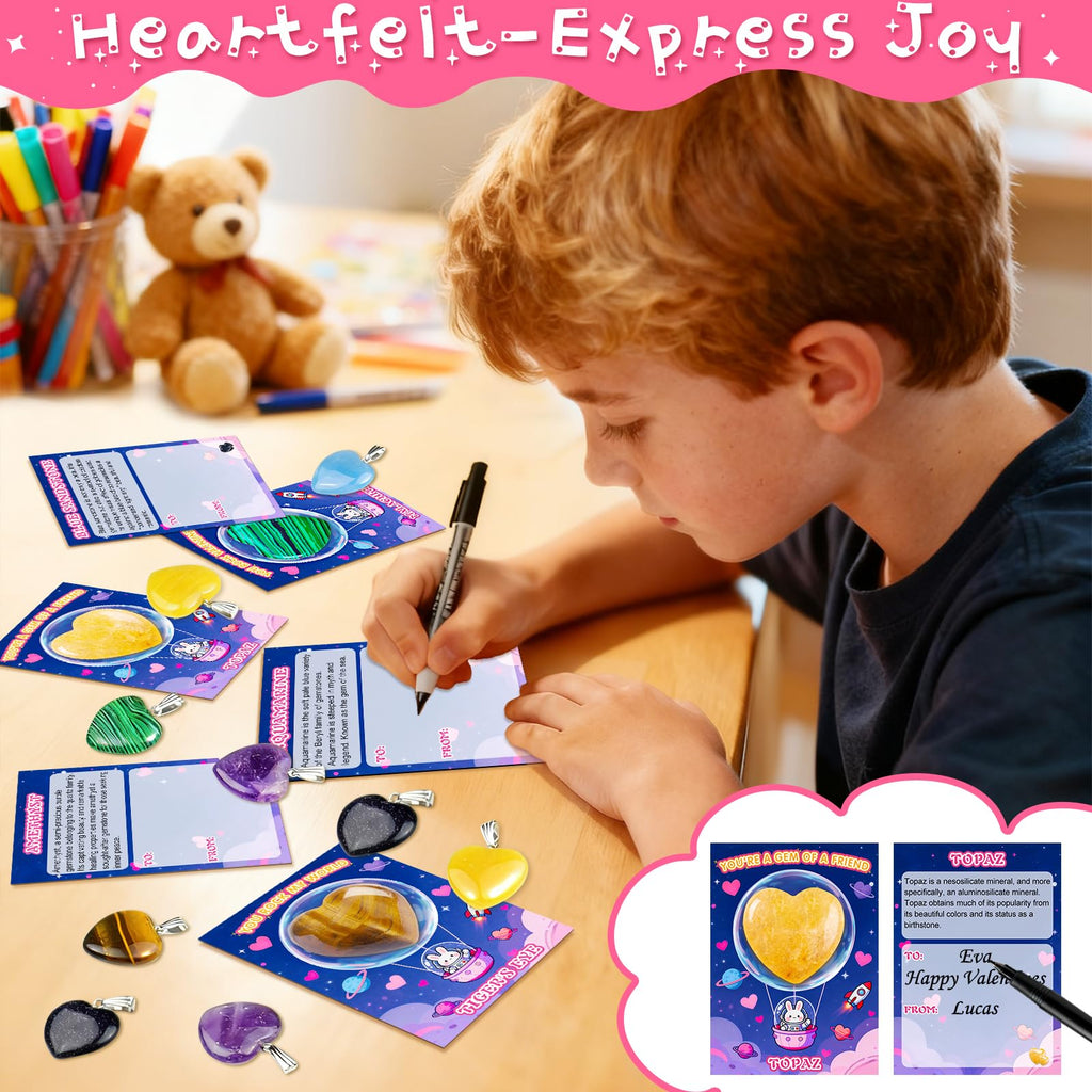 Valentines Day Cards for Kids School with Heart Gemstone Necklaces, Valentines Exchange Gifts Bulk with 24-Pack Unique Gemstone Heart Crystals, Classroom Valentine Party Favors with Goody Bag
