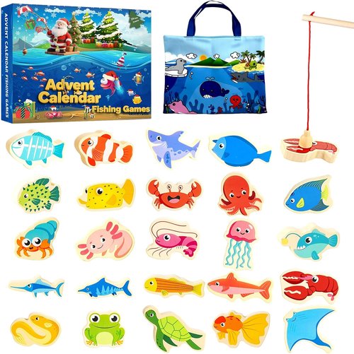 Fishing Advent Calendar 2026 - 24-Day Christmas Countdown for Kids | Wooden Marine Fish Learning Game