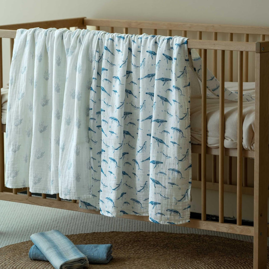 Skiennix Muslin Swaddle Blankets - 4 Pack Cotton Baby Blankets for Newborns | Large 31.5 x 43.3" Soft & Breathable Blue Whale Design