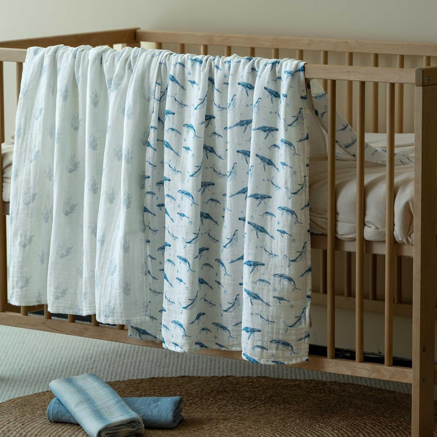 Skiennix Muslin Swaddle Blankets - 4 Pack Cotton Baby Blankets for Newborns | Large 31.5 x 43.3" Soft & Breathable Blue Whale Design