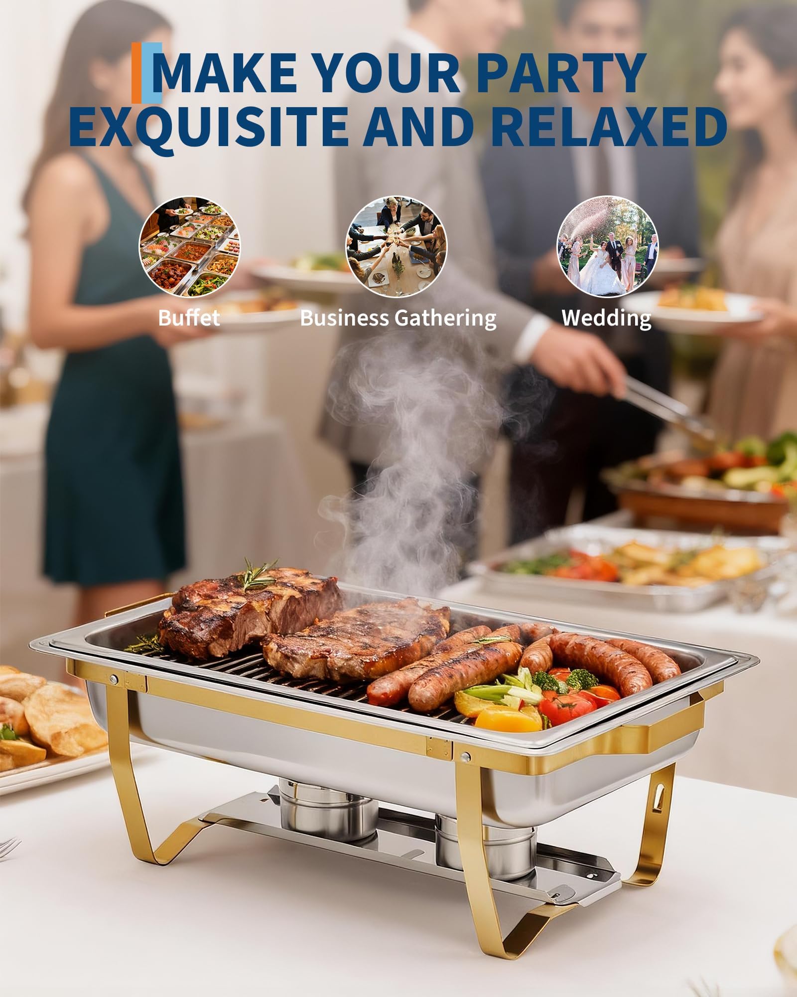 Garvee Chafing Dishes for Buffet Set of 2, 8QT Buffet Servers and Warmers Set with Lid & Foldable Frame, Rectangular Stainless Steel Chafer Food Warmer for Parties Wedding Catering Supplies, Gold