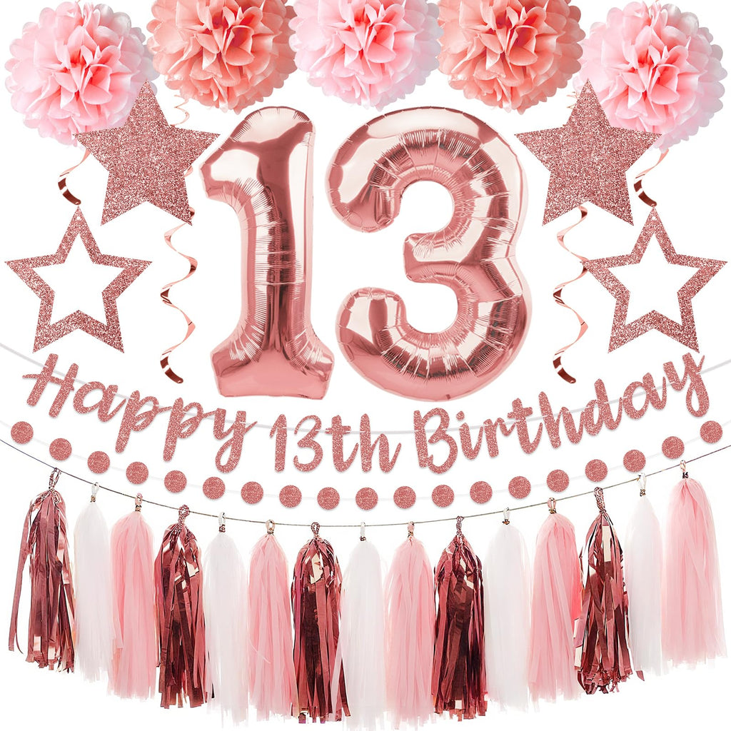 Kuxriox 13Pcs Happy 13th Birthday Decorations for Girls, Pink Rose Gold 13th Birthday Banner and Balloons, Glittery 13 Year Old Bday Tissue Pompoms, Circle Dots Garland, Tassel Garland Party Supplies