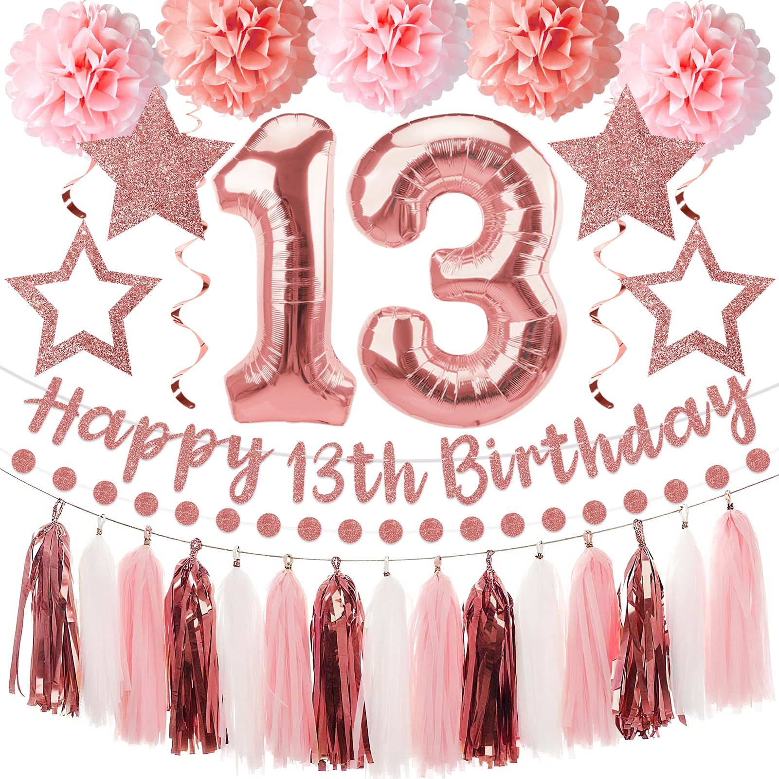 Kuxriox 13Pcs Happy 13th Birthday Decorations for Girls, Pink Rose Gold 13th Birthday Banner and Balloons, Glittery 13 Year Old Bday Tissue Pompoms, Circle Dots Garland, Tassel Garland Party Supplies
