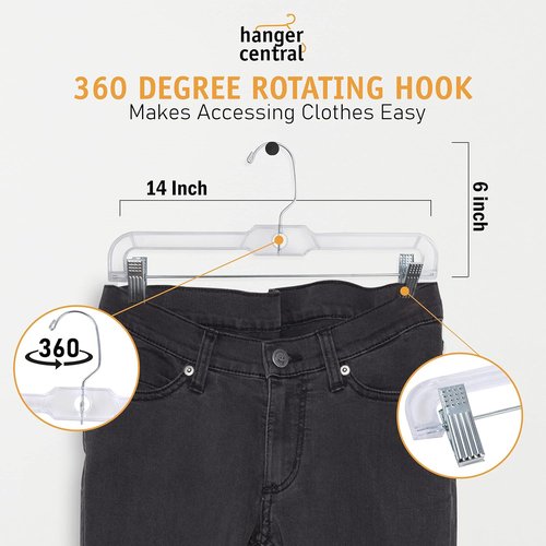 Hanger Central Premium 14-Inch Clear Pants Hangers - Adjustable Clips & 360° Swivel Hook | 12 Pack
