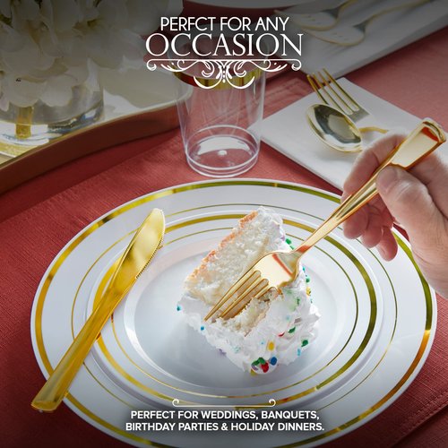 700 Piece Dinnerware Set for 100 Guests: 200 Gold-Rim Plates, 100 Silverware Sets, 100 Cups, 100 Napkins – Bulk Disposable Party Supplies for Weddings and Events