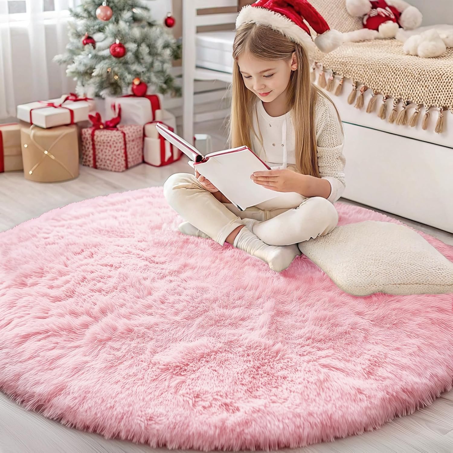 OLANLY Pink Round Rug - Soft, Fluffy Shaggy Carpet for Bedroom | 4 ft Machine Washable Area Rug