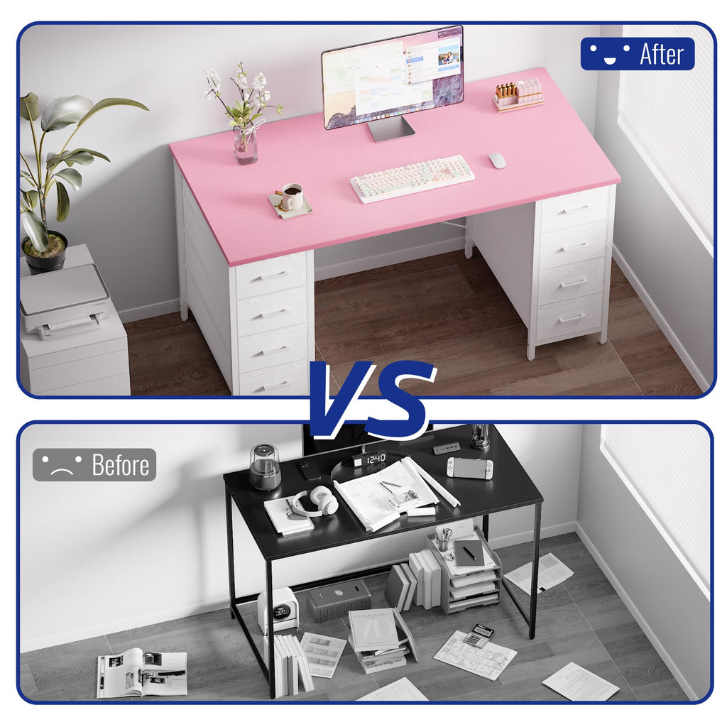 Pamray 47 Inch Computer Desk with 8 Fabric Drawers PC Gaming Desk Home Office Study Work Writing Table for Bedroom White