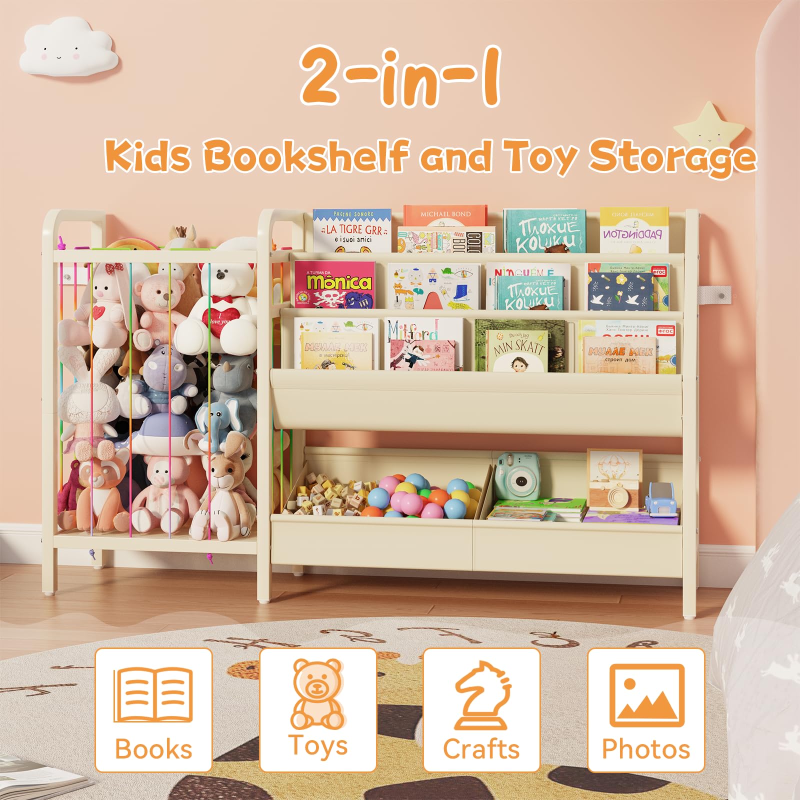 CYXPHION B5 Kids Bookshelf and Toy Storage, Book Shelf for Kids Rooms, Sling Toddler Book Shelves with Stuffed Animal Storage, Montessori Baby Bookcase for Nursery, Bedroom, Playroom, White